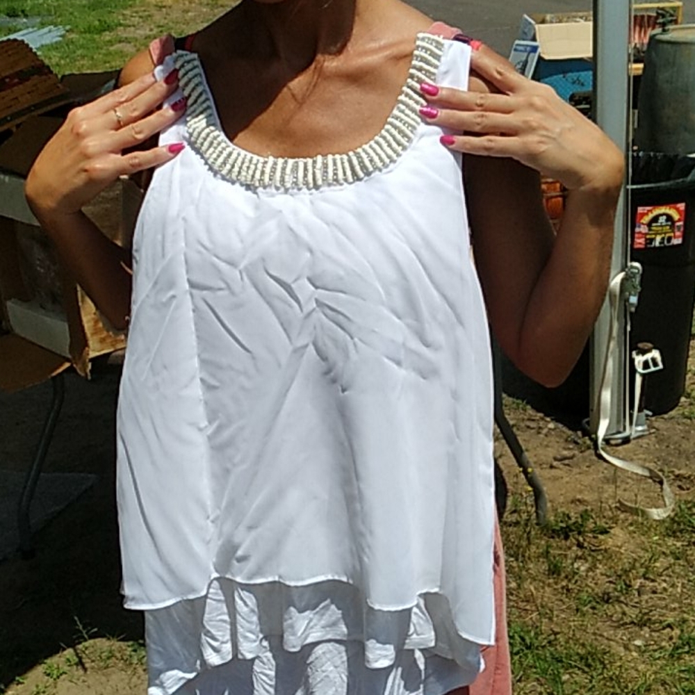 ⚜️  White EMBELLISHED Beads Blouse Guess NWT